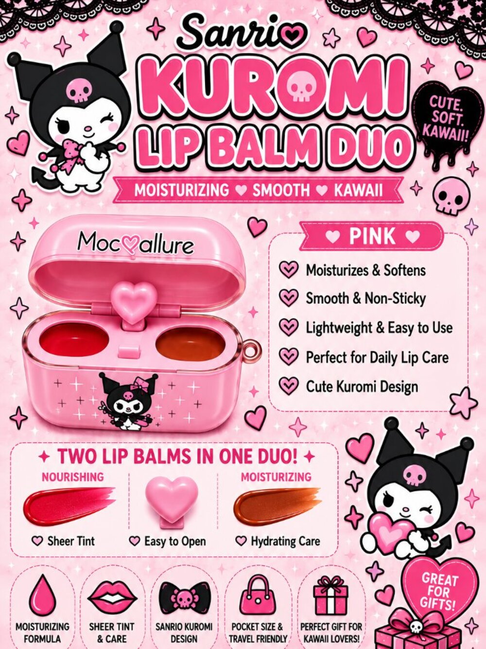 Sanrio Kuromi Pink Lip Balm Duo Moisturizing Set